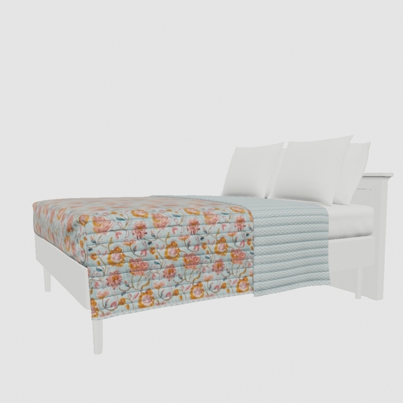 King Earthy Vines Quilt Light Teal Blue/Mustard Yellow/Light Pink Floral - Picture 2 of 7